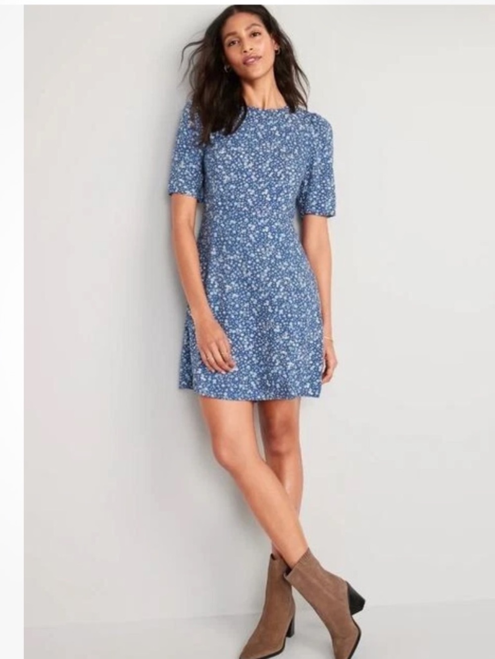 OLD NAVY Fit & Flare Puff-Sleeve Smocked Cottagecore Ditsy Floral Mini Dress-L